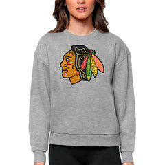 Chicago Blackhawks Antigua Women's Team Logo Victory Crewneck Pullover Sweatshirt Heather Gray