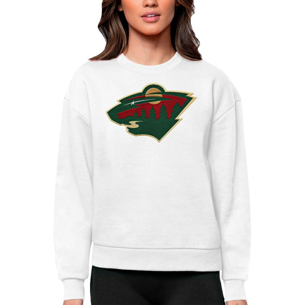 Minnesota Wild Antigua Women's Team Logo Victory Crewneck Pullover Sweatshirt White