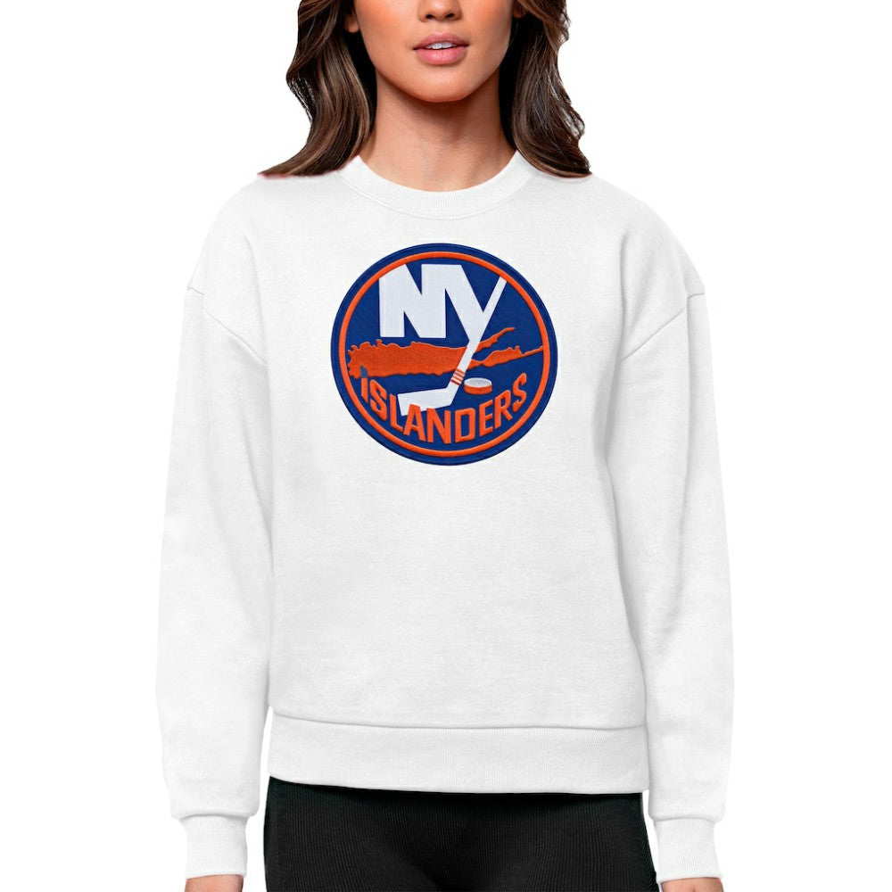 New York Islanders Antigua Women's Team Logo Victory Crewneck Pullover Sweatshirt White
