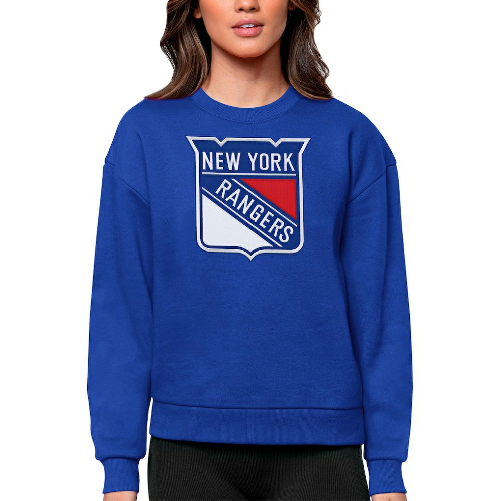 New York Rangers Antigua Women's Team Logo Victory Crewneck Pullover Sweatshirt Royal