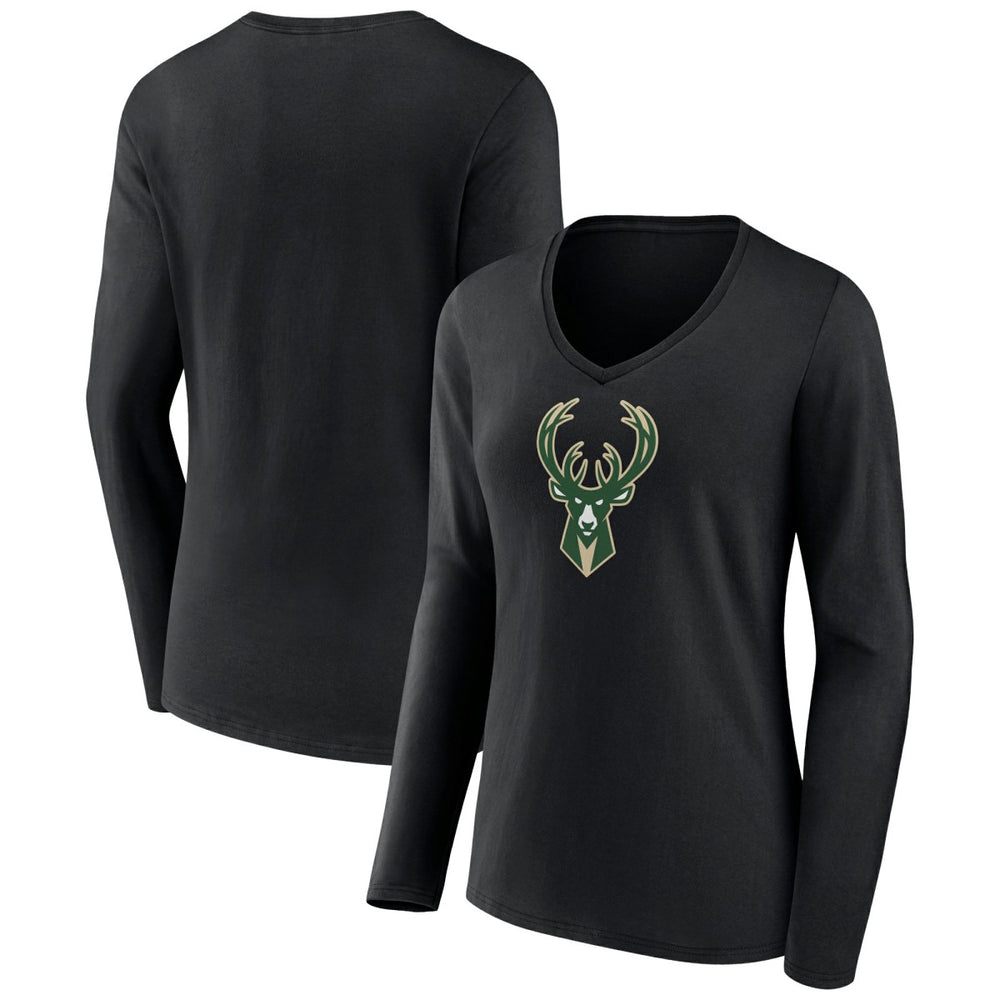 Milwaukee Bucks Women's Logo Long Sleeve V-Neck T-Shirt - Black discount