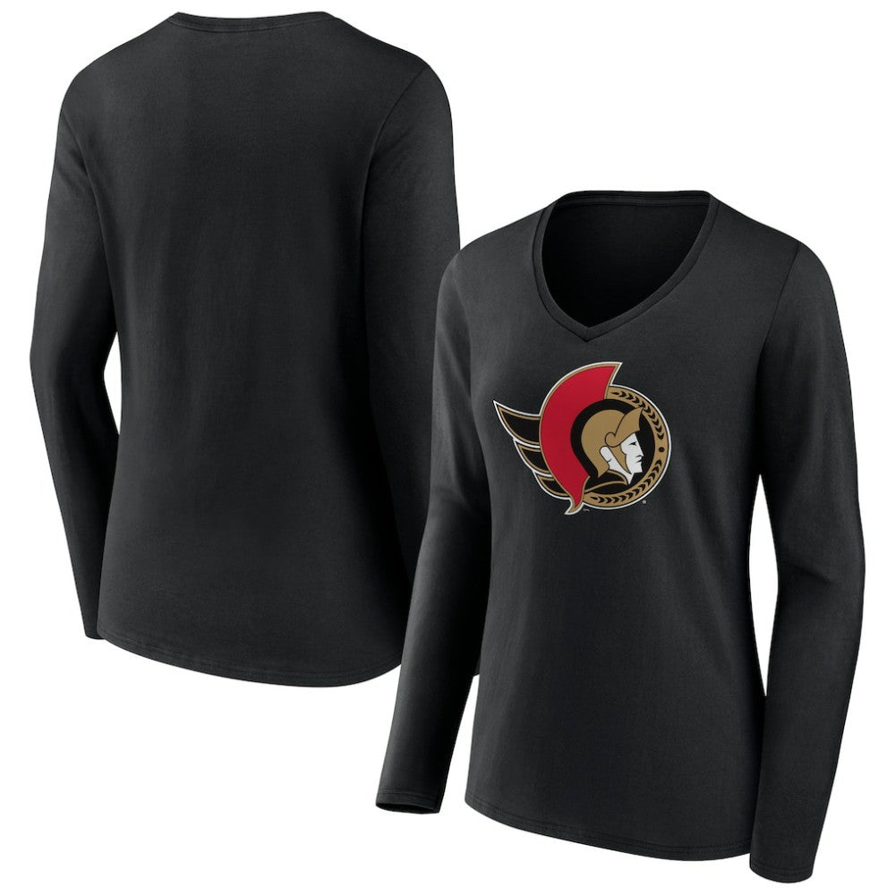 Ottawa Senators Women's Team Logo Long Sleeve V-Neck T-Shirt Black