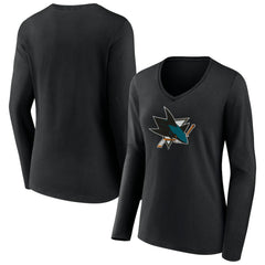 San Jose Sharks Women's Team Logo Long Sleeve V-Neck T-Shirt Black