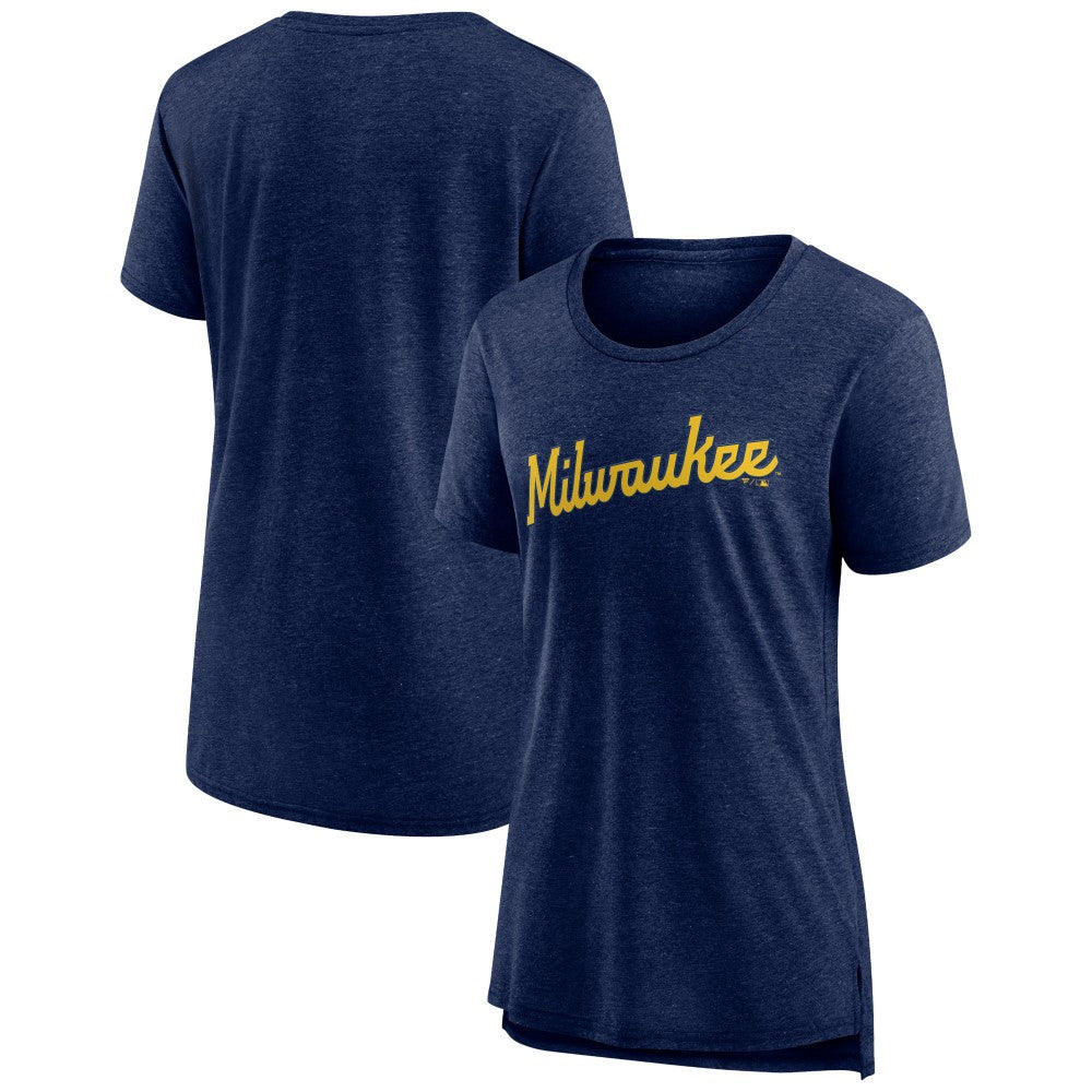 Milwaukee Brewers Women's Official Wordmark Tri-Blend T-Shirt - Heather Navy