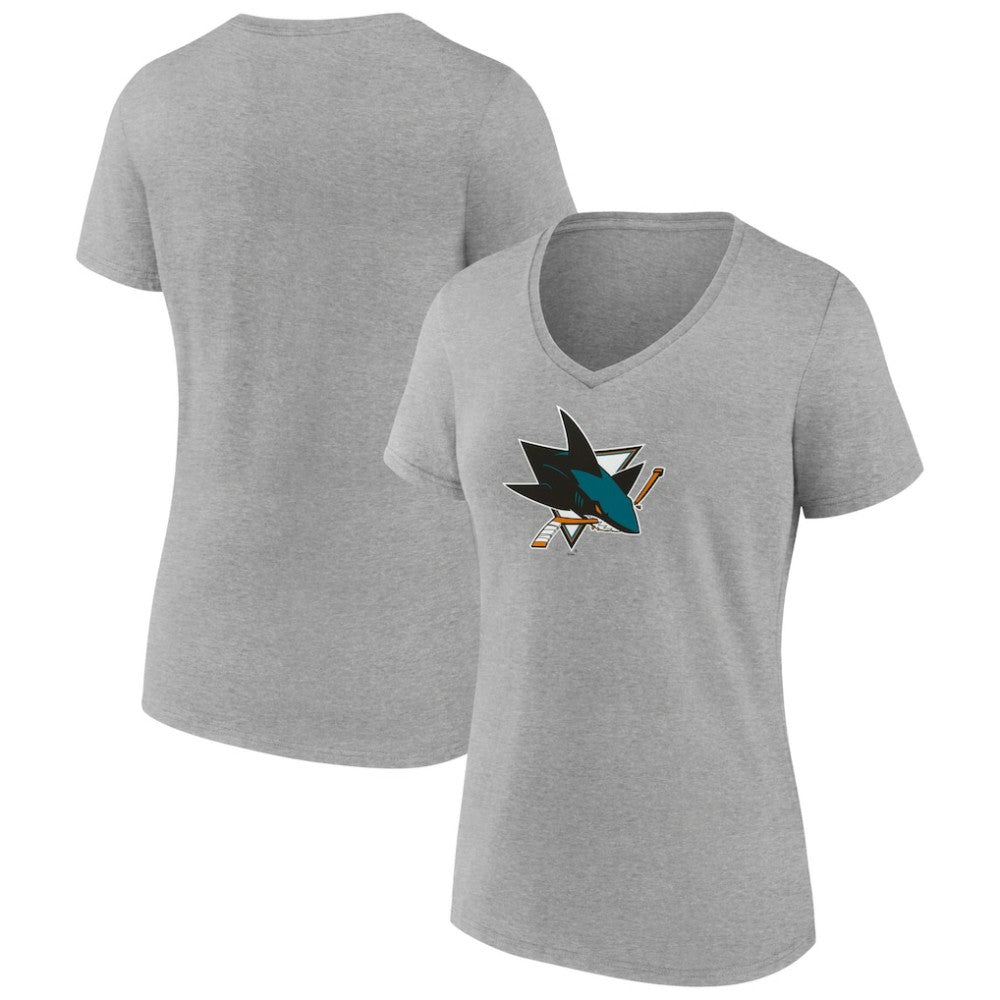 San Jose Sharks Women's Primary Logo Team V-Neck T-Shirt Heather Gray
