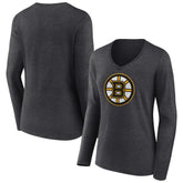 Boston Bruins Women's Primary Team Logo Long Sleeve V-Neck T-Shirt Heather Charcoal