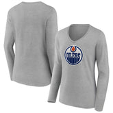 Edmonton Oilers Women's Primary Logo Team Long Sleeve V-Neck T-Shirt Heather Gray