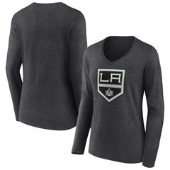 Los Angeles Kings Women's Primary Team Logo Long Sleeve V-Neck T-Shirt Heather Charcoal