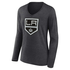 Los Angeles Kings Women's Primary Team Logo Long Sleeve V-Neck T-Shirt Heather Charcoal