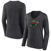 Minnesota Wild Women's Primary Team Logo Long Sleeve V-Neck T-Shirt Heather Charcoal