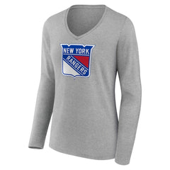 New York Rangers Women's Primary Logo Team Long Sleeve V-Neck T-Shirt Heather Gray