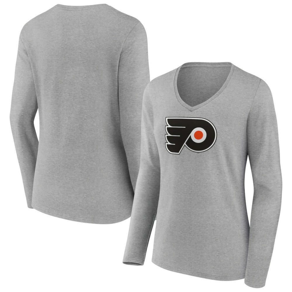 Philadelphia Flyers Women's Primary Logo Team Long Sleeve V-Neck T-Shirt Heather Gray