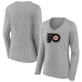 Philadelphia Flyers Women's Primary Logo Team Long Sleeve V-Neck T-Shirt Heather Gray