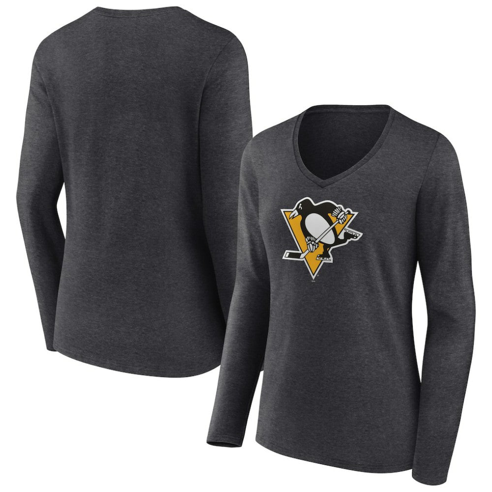 Pittsburgh Penguins Women's Primary Team Logo Long Sleeve V-Neck T-Shirt Heather Charcoal