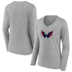 Washington Capitals Women's Primary Logo Team Long Sleeve V-Neck T-Shirt Heather Gray