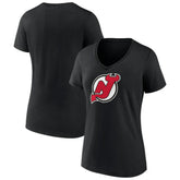New Jersey Devils Women's Team Primary Logo V-Neck T-Shirt Black