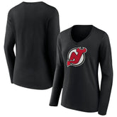 New Jersey Devils Women's Primary Team Logo Long Sleeve V-Neck T-Shirt Black