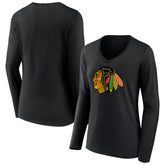 Chicago Blackhawks Women's Primary Team Logo Long Sleeve V-Neck T-Shirt Black