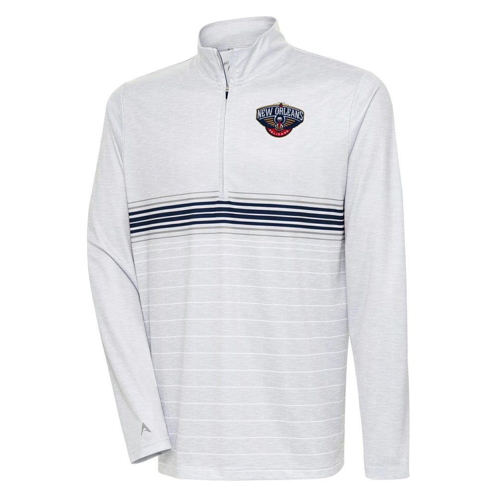New Orleans Pelicans Antigua Bullseye Quarter-Zip Pullover Top - Heather Gray/Navy sale