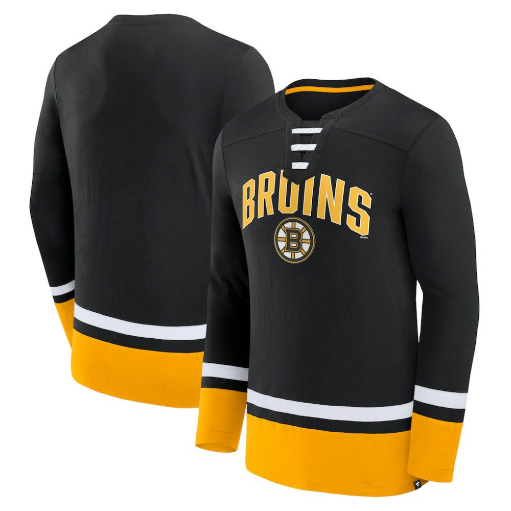 Boston Bruins Fanatics Back Pass Lace-Up Long Sleeve T-Shirt Black