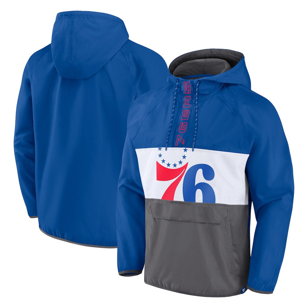 Philadelphia 76ers Anorak Flagrant Foul Color-Block Raglan Hoodie Half-Zip Jacket - Royal/Gray | Fanatics shop