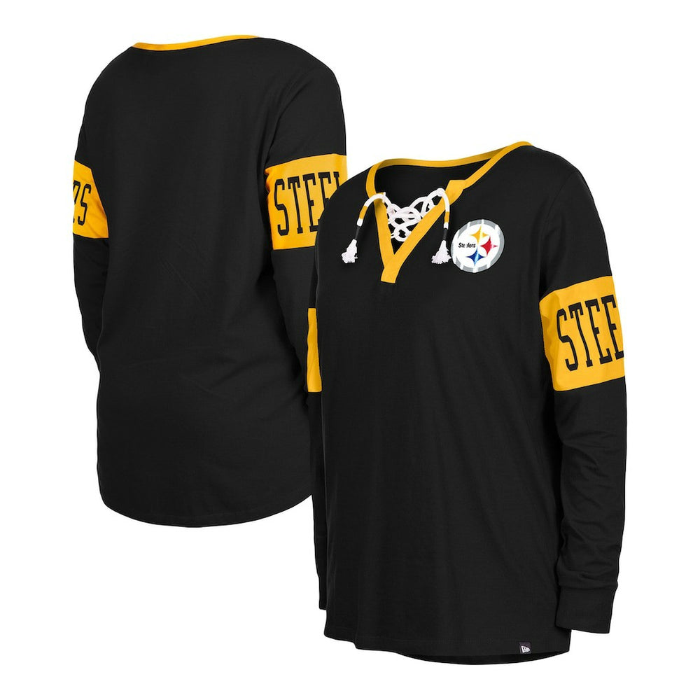 Pittsburgh Steelers New Era Women's Lace-Up Notch Neck Long Sleeve T-Shirt - Black discount