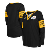 Pittsburgh Steelers New Era Women's Lace-Up Notch Neck Long Sleeve T-Shirt - Black discount