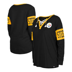 Pittsburgh Steelers New Era Women's Lace-Up Notch Neck Long Sleeve T-Shirt - Black discount