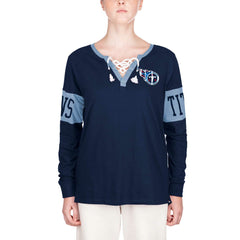 Tennessee Titans New Era Women's Lace-Up Notch Neck Long Sleeve T-Shirt - Navy cheap