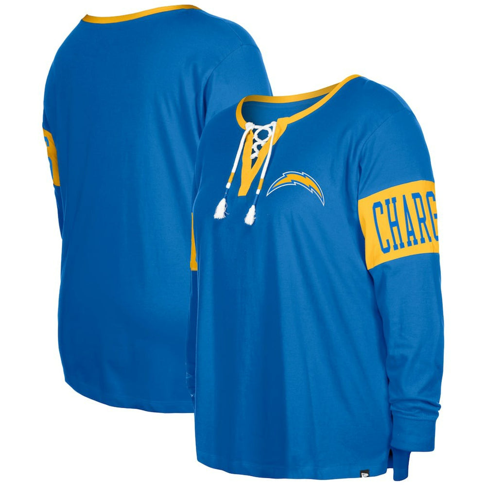Los Angeles Chargers New Era Women's Plus Size Lace-Up Notch Neck Long Sleeve T-Shirt - Powder Blue on sale