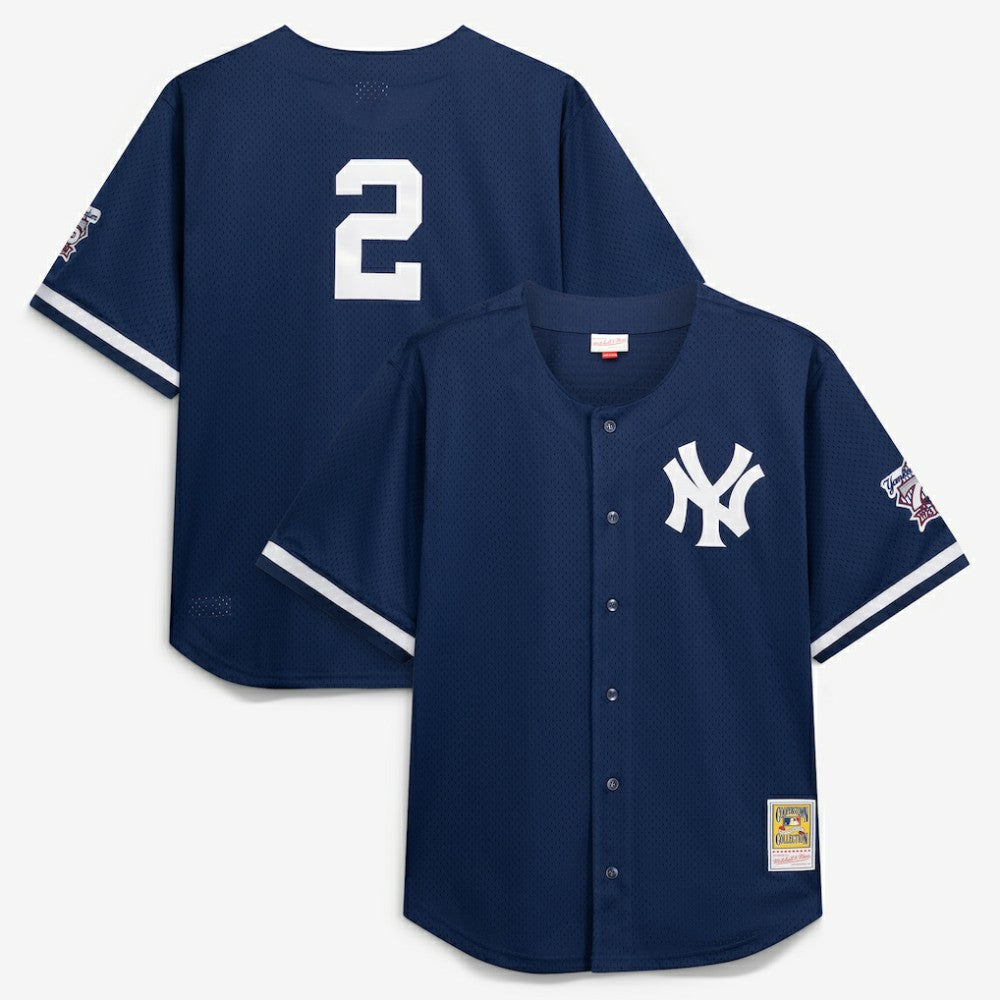 Derek Jeter New York Yankees Cooperstown Collection Mesh Batting Practice Button-Up Jersey - Navy | Mitchell & Ness