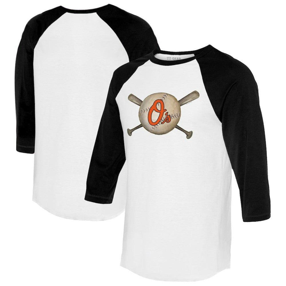Baltimore Orioles Tiny Turnip Women's Baseball Cross Bats 3/4-Sleeve Raglan T-Shirt - White/Black