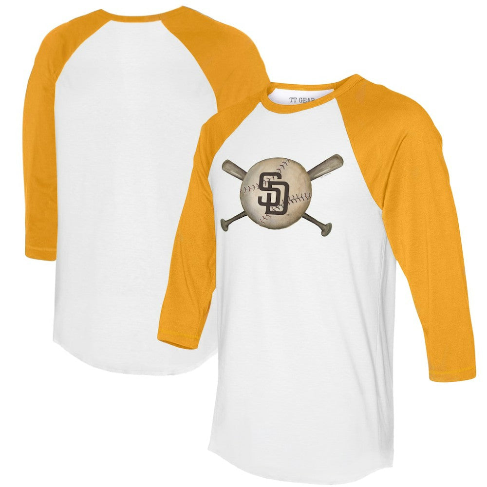San Diego Padres Tiny Turnip Women's Baseball Cross Bats 3/4-Sleeve Raglan T-Shirt - White/Gold
