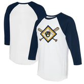 Milwaukee Brewers Tiny Turnip Women's Diamond Cross Bats 3/4-Sleeve Raglan T-Shirt - White/Navy