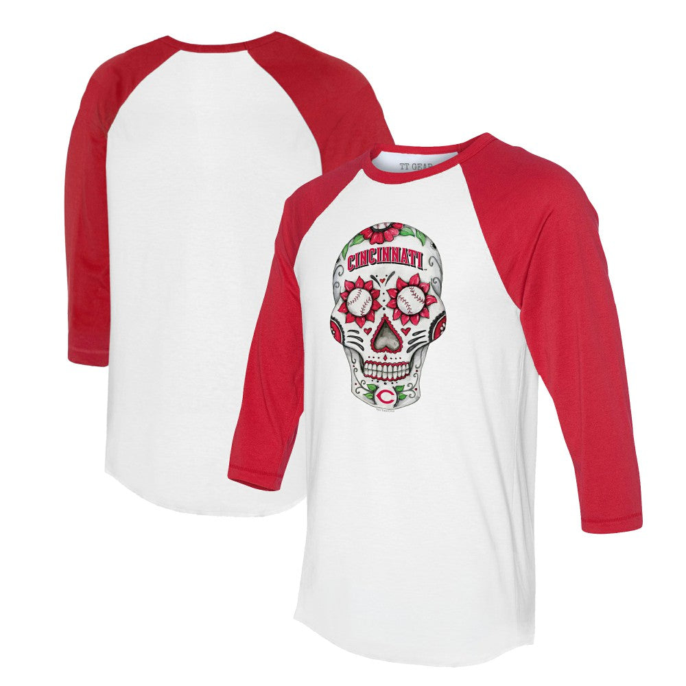 Cincinnati Reds Tiny Turnip Unisex Sugar Skull 3/4-Sleeve Raglan T-Shirt - White/Red