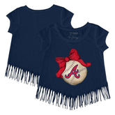 Atlanta Braves Tiny Turnip Girls Youth Baseball Bow Fringe T-Shirt - Navy