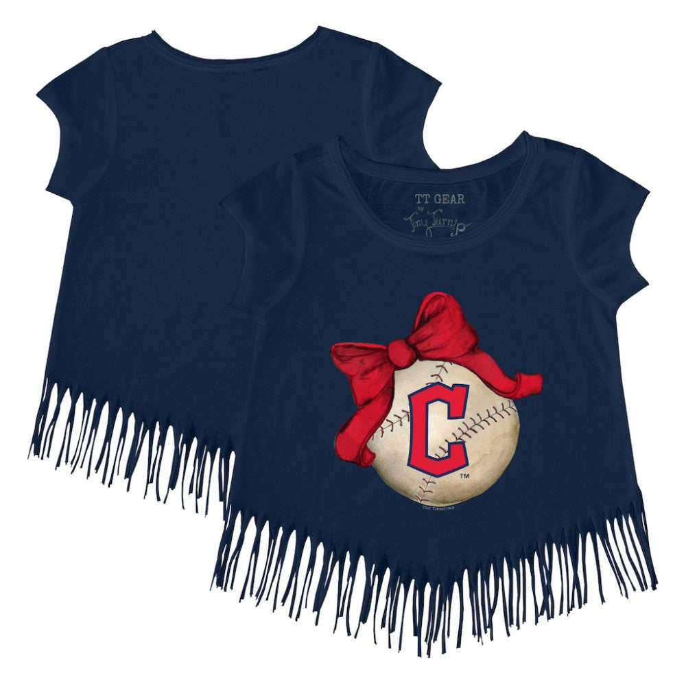 Cleveland Guardians Tiny Turnip Girls Youth Baseball Bow Fringe T-Shirt - Navy