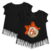 Baltimore Orioles Tiny Turnip Girls Youth Baseball Bow Fringe T-Shirt - Black