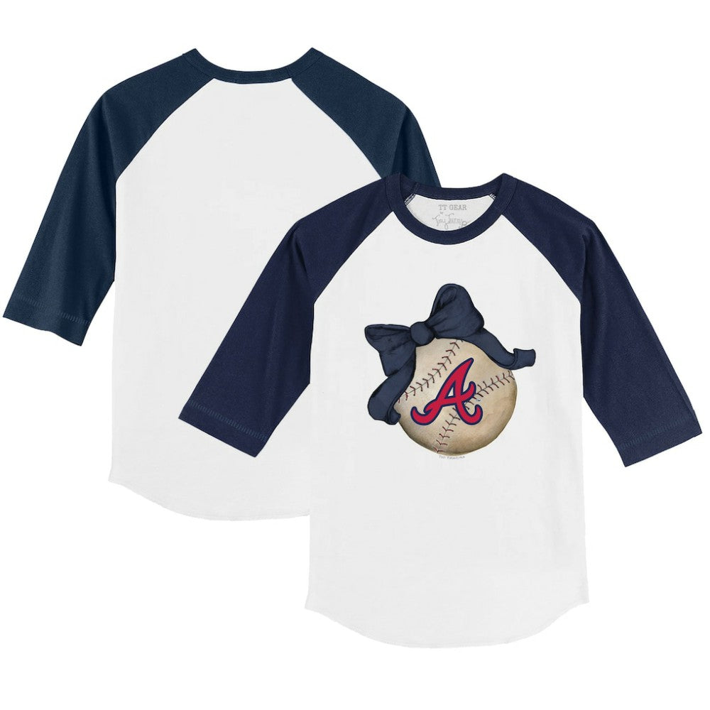 Atlanta Braves Tiny Turnip Youth Baseball Bow 3/4-Sleeve Raglan T-Shirt - White/Navy