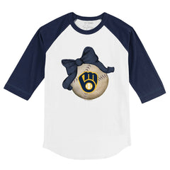 Milwaukee Brewers Tiny Turnip Youth Baseball Bow 3/4-Sleeve Raglan T-Shirt - White/Navy