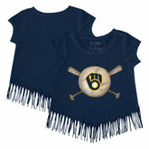 Milwaukee Brewers Tiny Turnip Girls Youth Baseball Cross Bats Fringe T-Shirt - Navy