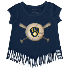 Milwaukee Brewers Tiny Turnip Girls Youth Baseball Cross Bats Fringe T-Shirt - Navy