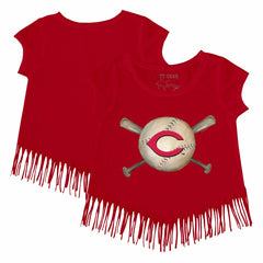 Cincinnati Reds Tiny Turnip Girls Youth Baseball Cross Bats Fringe T-Shirt - Red