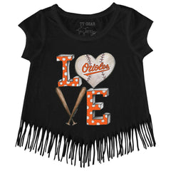 Baltimore Orioles Tiny Turnip Girls Youth Baseball Love Fringe T-Shirt - Black