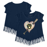 Milwaukee Brewers Tiny Turnip Girls Youth Heart Bat Fringe T-Shirt - Navy