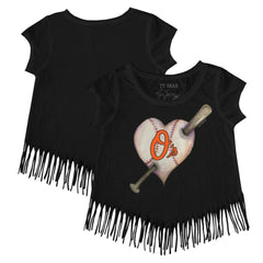 Baltimore Orioles Tiny Turnip Girls Youth Heart Bat Fringe T-Shirt - Black