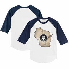 Milwaukee Brewers Tiny Turnip Youth State Outline 3/4-Sleeve Raglan T-Shirt - White/Navy
