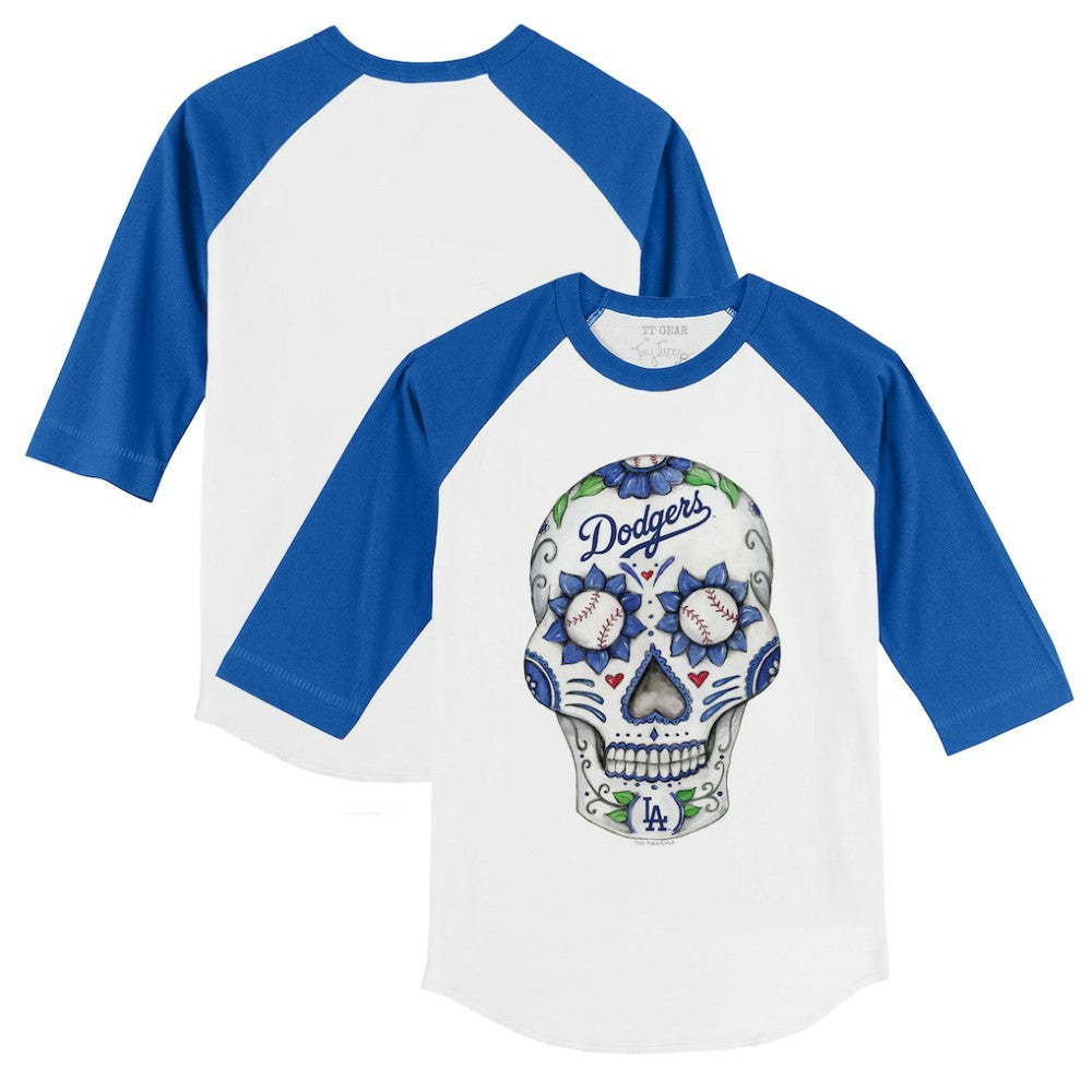 Los Angeles Dodgers Tiny Turnip Youth Sugar Skull 3/4-Sleeve Raglan T-Shirt - White/Royal