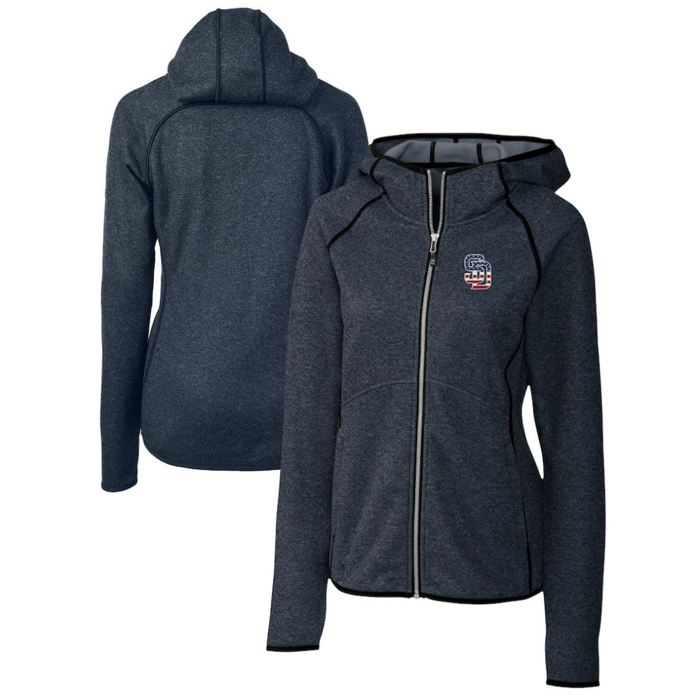 San Diego Padres Cutter & Buck Women's Americana Logo Mainsail Sweater-Knit Full-Zip Hoodie - Heather Navy