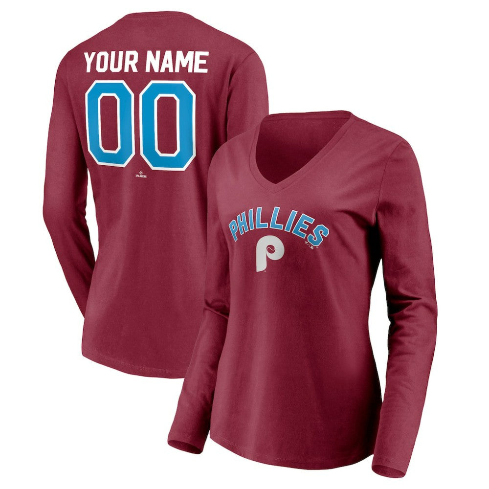 Philadelphia Phillies Women's Personalized Cooperstown Collection Alternate Winning Streak Long Sleeve V-Neck T-Shirt - Burgundy